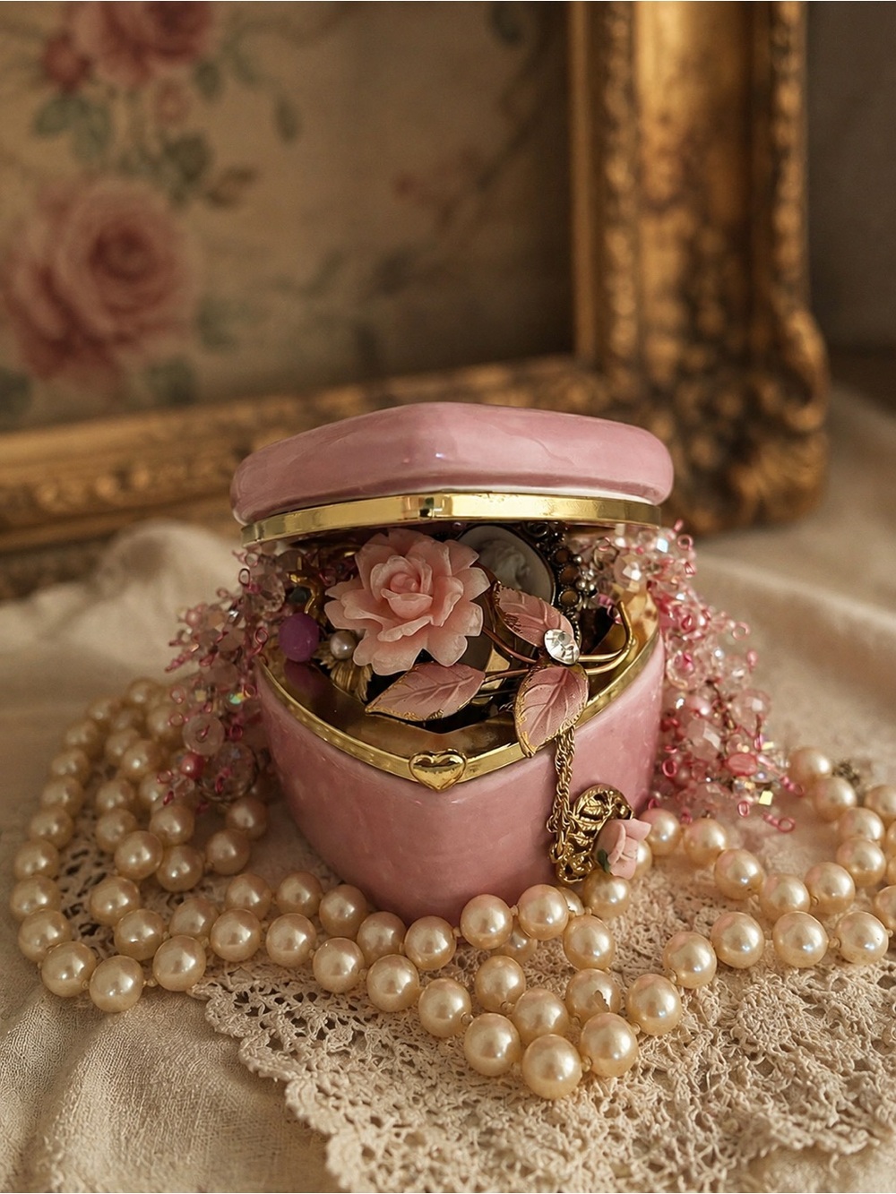 🌸 Pink Heart Trinket Box with Jewelry